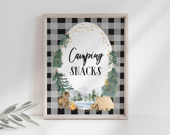 Feestbord Camping Snacks: verjaardagsdecoratie (digitale download)