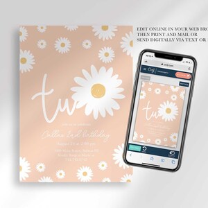Graphic showing the invitation displayed on a smartphone, explaining that customers can edit it online in their web browser, then print and mail it or send it digitally via text or email.