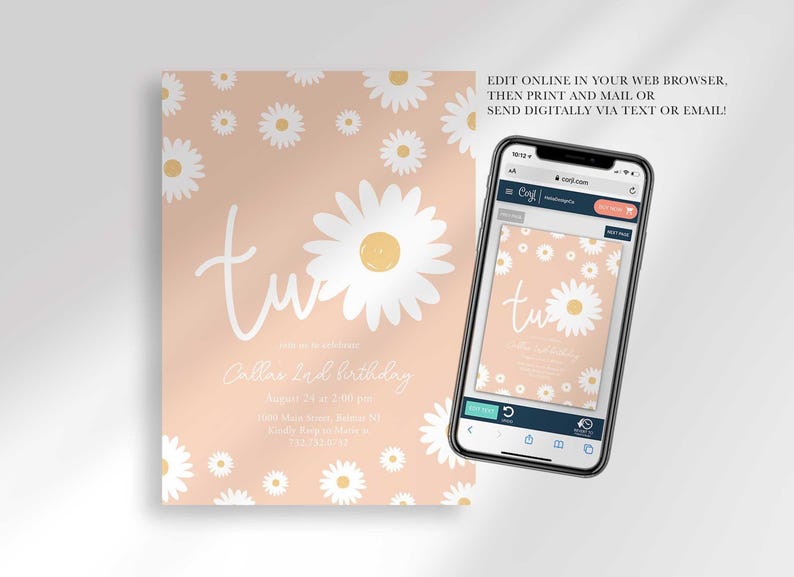 Graphic showing the invitation displayed on a smartphone, explaining that customers can edit it online in their web browser, then print and mail it or send it digitally via text or email.