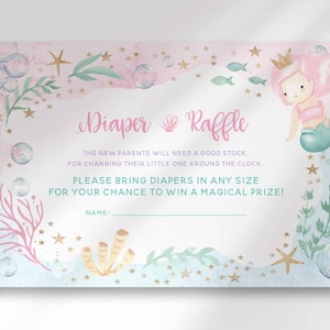Mermaid themed diaper raffle card with a pink and teal mermaid illustration, shells, starfish, and coral, with a blank line for the guest's name.