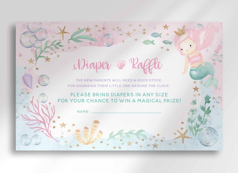 Mermaid themed diaper raffle card with a pink and teal mermaid illustration, shells, starfish, and coral, with a blank line for the guest's name.