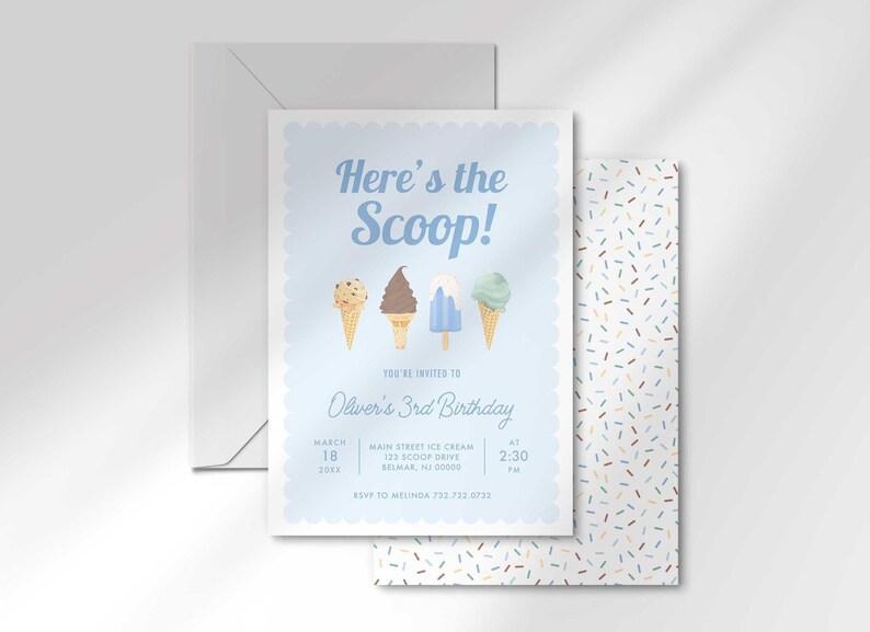 Invitation card angled in front of the matching colorful sprinkle-pattern back and a white envelope.