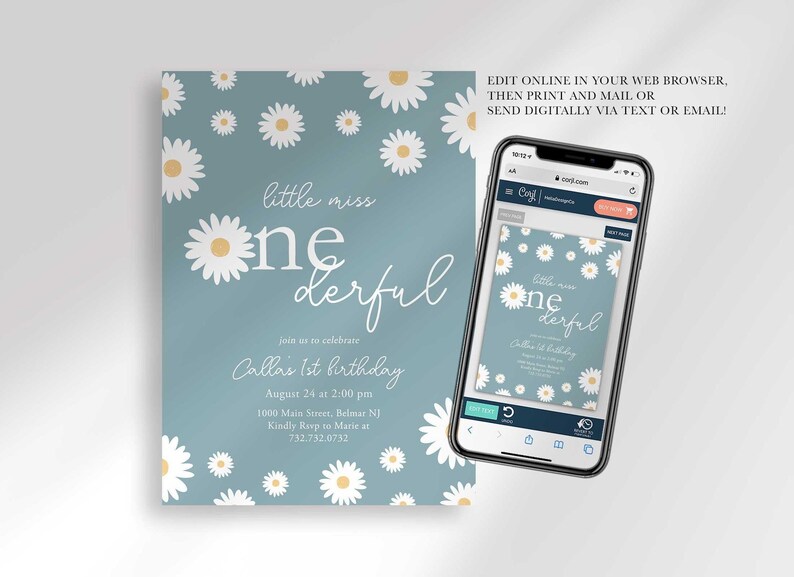 Graphic showing the invitation displayed on a smartphone, explaining that customers can edit it online in their web browser, then print and mail it or send it digitally via text or email.