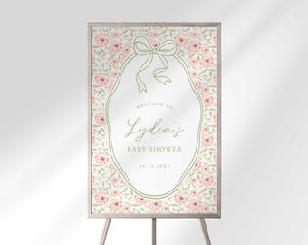 Cartello di benvenuto "Baby in Bloom" con decorazioni floreali per baby shower, poster modificabile (download digitale)