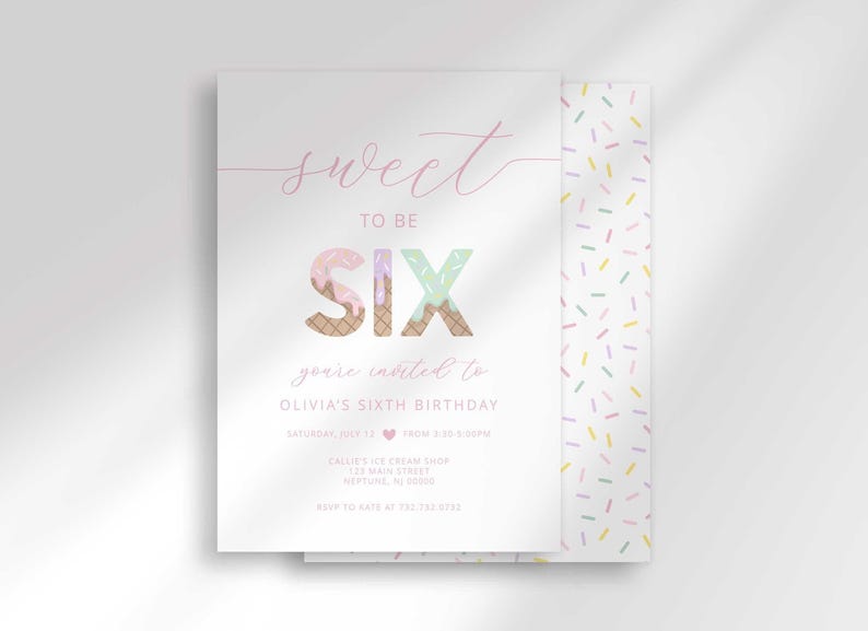 sweet to be six ice cream birthday invitation