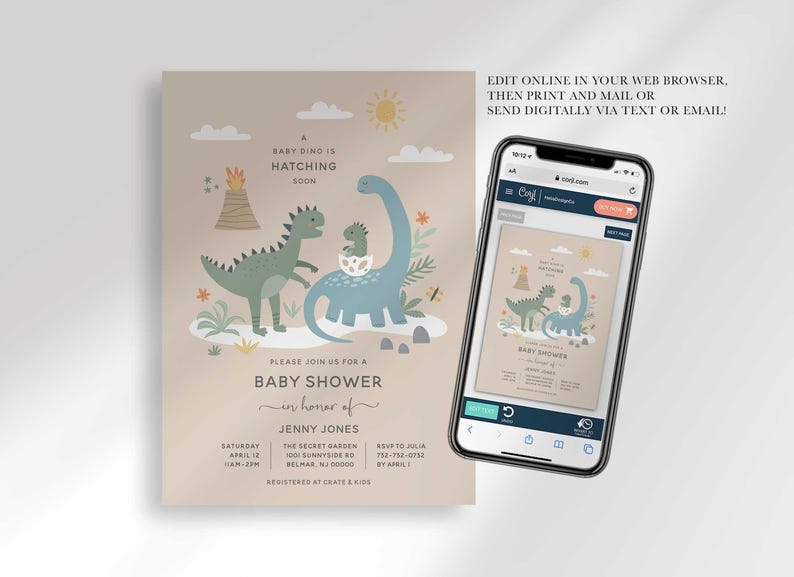 Digital dinosaur baby shower invitation