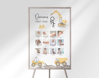 Tableau des photos du premier anniversaire d'un camion de construction : souvenir du mois (téléchargement numérique)