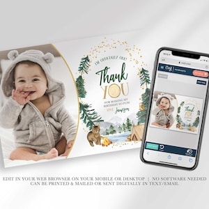 An explainer graphic reading "edit in your web browser on your mobile or desktop, no software needed, can be printed & mailed or sent digitally in text/email" with Jameson's thank you card shown on a smartphone screen.