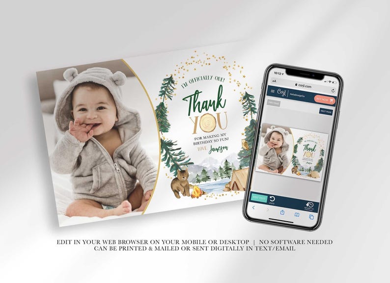 An explainer graphic reading "edit in your web browser on your mobile or desktop, no software needed, can be printed & mailed or sent digitally in text/email" with Jameson's thank you card shown on a smartphone screen.