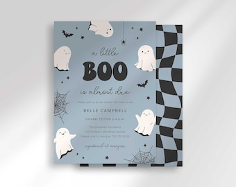 Retro Little Boo is Almost Due Baby Shower Invitation, Blue Ghost Halloween Theme