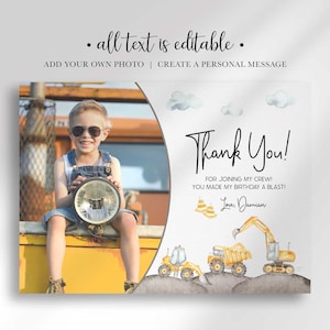 An explainer graphic reading "all text is editable, add your own photo, create a personal message" shown over Damian's construction-themed thank you photo card.