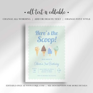 Editability disclaimer graphic reading "all text is editable" with options to change all wording, add or delete text, and change font style, plus a note that the design is editable only at www.corjl.com, shown above the invitation design.