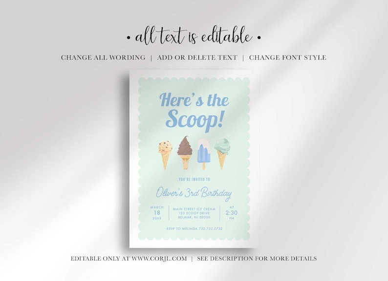 Editability disclaimer graphic reading "all text is editable" with options to change all wording, add or delete text, and change font style, plus a note that the design is editable only at www.corjl.com, shown above the invitation design.