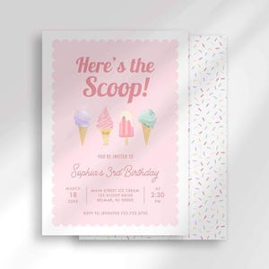"Here's the Scoop!" ice cream birthday invitation with pastel pink ice cream cone illustrations and a colorful sprinkle pattern, for Sophia's 3rd birthday.