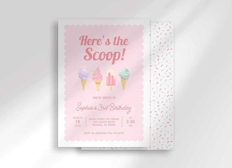 "Here's the Scoop!" ice cream birthday invitation with pastel pink ice cream cone illustrations and a colorful sprinkle pattern, for Sophia's 3rd birthday.