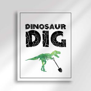 A vertical dinosaur dig party sign featuring a green watercolor dinosaur skeleton holding a shovel.