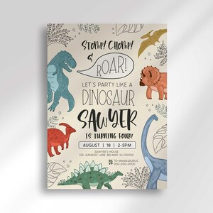 Kleurrijke T-Rex verjaardagsuitnodiging, jongen dinosaurus Jurassic Party Roar (digitale download) afbeelding 2