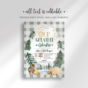 An explainer graphic reading "all text is editable, change font style, size & all wording" shown over Andrew and Lydia's camping-themed invitation design.