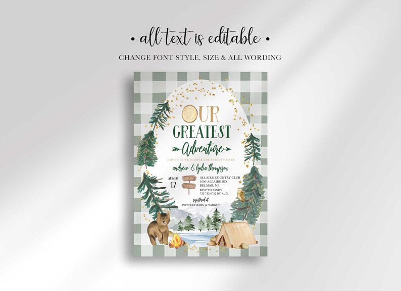 An explainer graphic reading "all text is editable, change font style, size & all wording" shown over Andrew and Lydia's camping-themed invitation design.