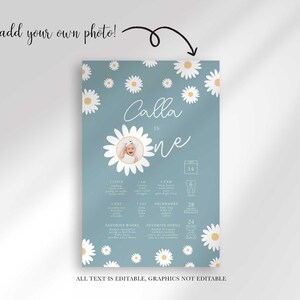Graphic labeled "add your own photo!" pointing to the daisy-framed photo circle, noting all text is editable but graphics are not editable.