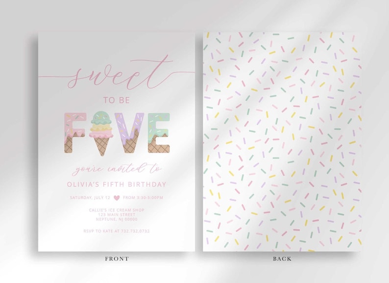Labeled front and back layout of the invitation: the front shows the pink ice cream shop "Sweet to be FIVE" design with party details, and the back shows a coordinating pastel sprinkle pattern.