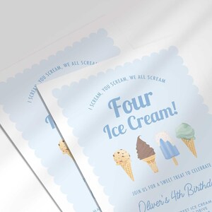 Angled close-up view of printed Four Ice Cream fourth birthday invitations with scalloped edges.