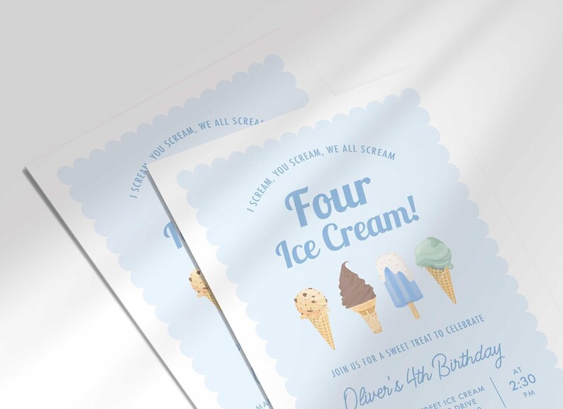 Angled close-up view of printed Four Ice Cream fourth birthday invitations with scalloped edges.