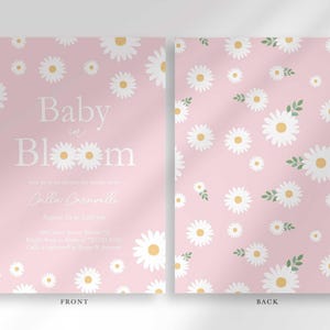Front and back view of the invitation: the front shows the bright pink daisy design with party details, and the back shows a matching repeating daisy pattern.