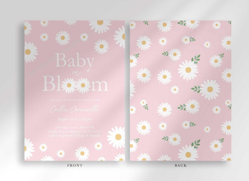 Front and back view of the invitation: the front shows the bright pink daisy design with party details, and the back shows a matching repeating daisy pattern.