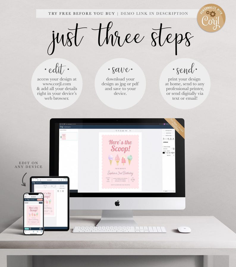 Graphic explaining the three steps to use the Corjl template: edit online, save as JPG or PDF, and send or print, shown alongside a computer and phone mockup of the design.