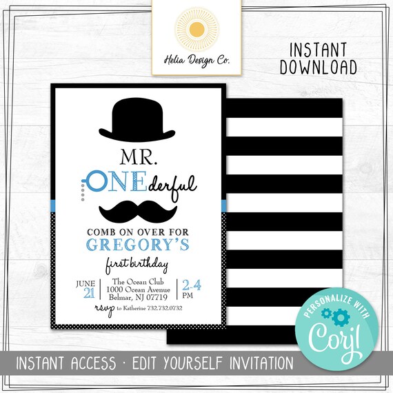 Edit Yourself | Mustache Bash | Little Man Birthday Invitation | Mr Onederful | Any Age | Instant Digital Download | Printable Invitation Il_570xn