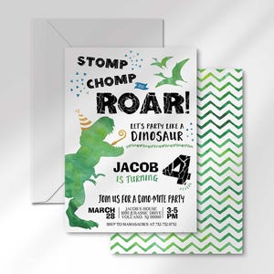 Jacob's dinosaur-themed birthday invitation layered in front of its matching envelope and a second card showing the green chevron back design.