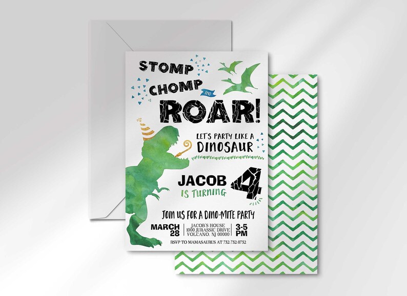 Jacob's dinosaur-themed birthday invitation layered in front of its matching envelope and a second card showing the green chevron back design.