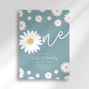 Daisy-themed first birthday invitation in slate blue with a white daisy pattern, reading 'ONE' for Callie's 1st birthday, with the party date, time, and location.