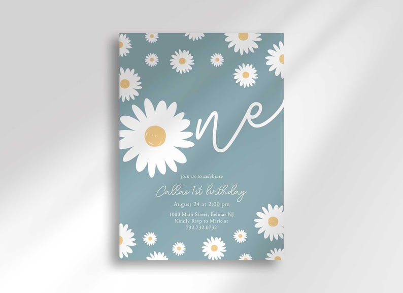 Daisy-themed first birthday invitation in slate blue with a white daisy pattern, reading 'ONE' for Callie's 1st birthday, with the party date, time, and location.