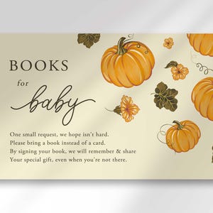 Little Pumpkin on the Way Libri per Baby Baby Shower Invito Inserto, Porta un libro Scheda Baby Shower autunnale, Download immediato