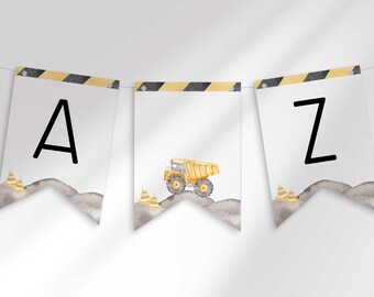 Watercolor Construction Letter Banner, Personalized Truck Happy Birthday Bunting Party Decor (Digital Download)