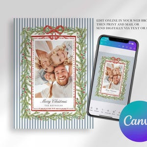 A Christmas greeting card mockup next to a smartphone displaying the same design in a browser editing app with a Canva logo circle.