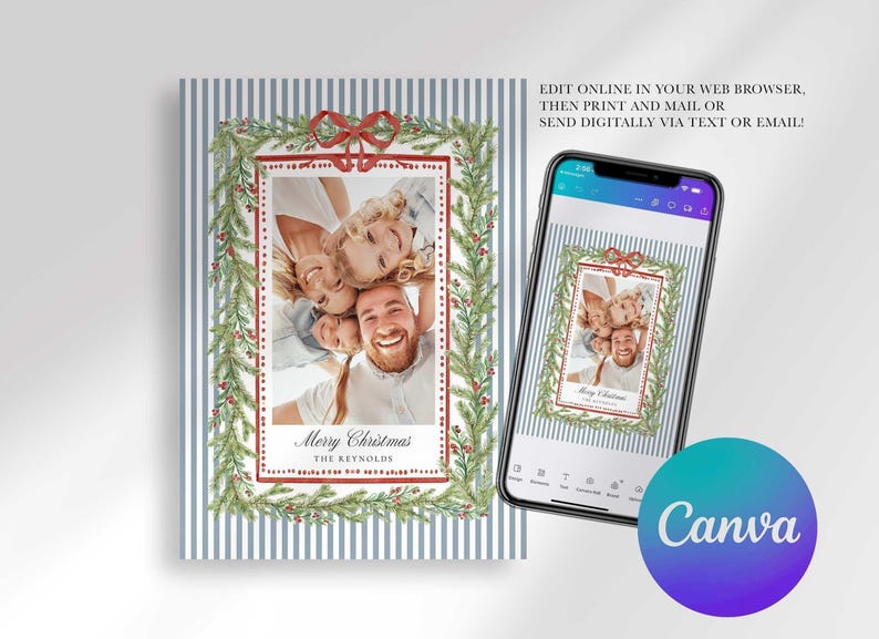 A Christmas greeting card mockup next to a smartphone displaying the same design in a browser editing app with a Canva logo circle.