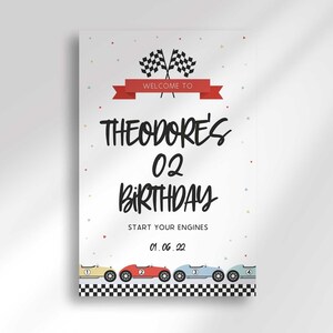 A digital graphic of a race car birthday welcome sign reading Theodore's 02 Birthday with checkered flags at the top and retro race cars at the bottom.