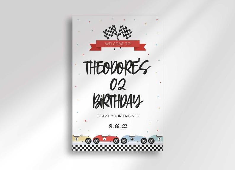 A digital graphic of a race car birthday welcome sign reading Theodore's 02 Birthday with checkered flags at the top and retro race cars at the bottom.
