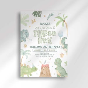 Dinosaur-themed third birthday invitation with illustrated dinosaurs, palm leaves, and a volcano, reading "Runnn! Our little dino is THRee Rex, William's 3rd Birthday" with the party date, time, and location.