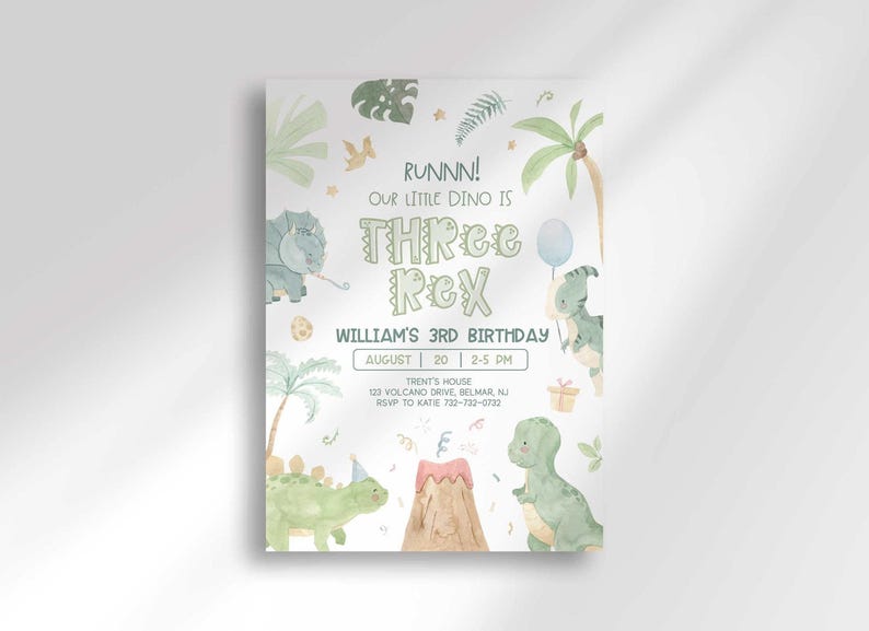 Dinosaur-themed third birthday invitation with illustrated dinosaurs, palm leaves, and a volcano, reading "Runnn! Our little dino is THRee Rex, William's 3rd Birthday" with the party date, time, and location.