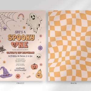 Front and back view of the invitation: the front shows Olivia's Halloween-themed 'She's a Spooky One' first birthday invitation, and the back shows a wavy tan and white checkered pattern.