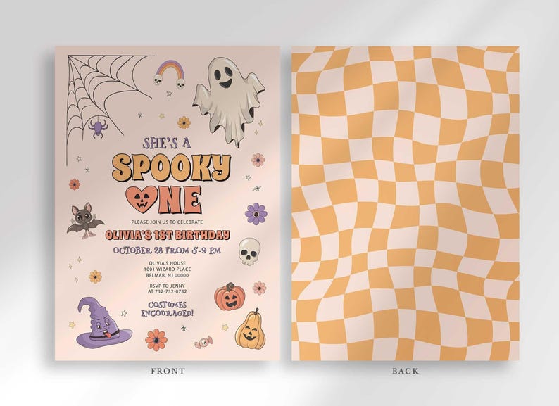Front and back view of the invitation: the front shows Olivia's Halloween-themed 'She's a Spooky One' first birthday invitation, and the back shows a wavy tan and white checkered pattern.