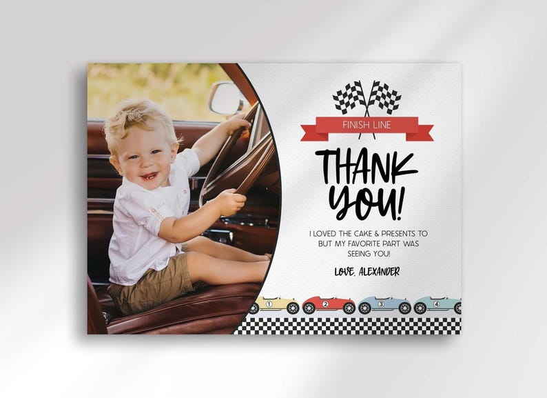 A mockup photo split with a candid photo of a smiling toddler in a vintage car on the left and a race car-themed "thank you" photo card on the right with checkered flags and a red "Finish Line" banner, reading "Thank you! I loved the cake & presents to but my favorite part was seeing you! Love, Alexander," with a row of colorful race cars along the bottom.