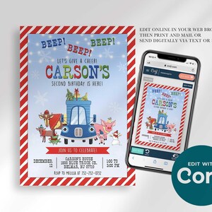 An explainer graphic reading 'edit online in your web browser, then print and mail or send digitally via text or email' with an 'Edit with Corjl' badge, showing Carson's winter truck-themed invitation next to a smartphone displaying the design in an editor.