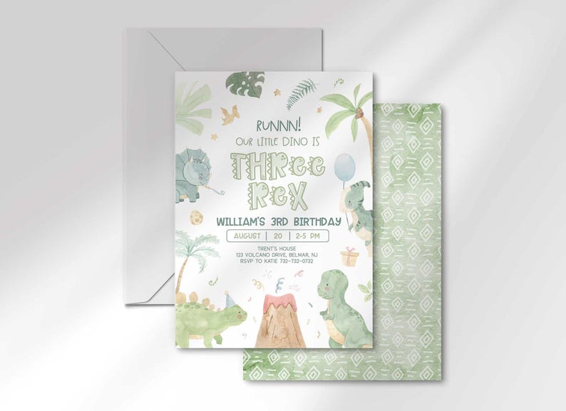 William's dinosaur-themed third birthday invitation layered in front of its matching envelope and a second card showing a sage green geometric back design.