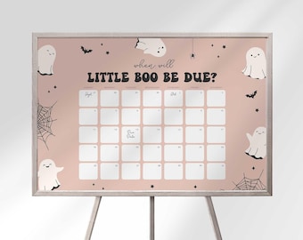 Juego para baby shower "Little Boo Almost Date", cartel de Halloween para adivinar la fecha, calendario de fantasmas rosas (descarga digital)
