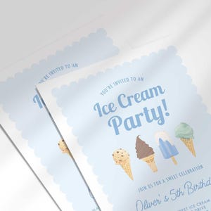 Close-up angled shot of two overlapping printed invitations, highlighting the ice cream cone illustrations and the bold "Ice Cream Party!" text detail.